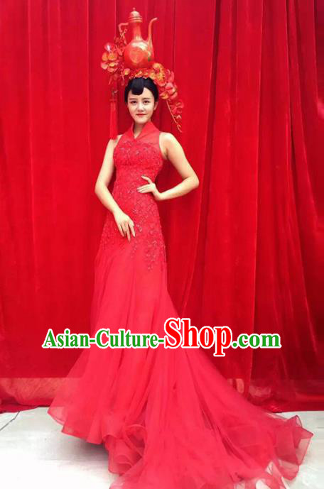 Top Grade Chinese Traditional Stage Performance Costumes Modern Fancywork Clothing Catwalks Trailing Full Dress and Headwear for Women
