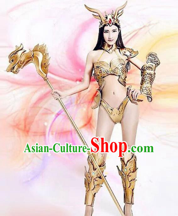 Top Grade Stage Performance Golden Costumes Halloween Cosplay Modern Fancywork Clothing and Headwear for Women