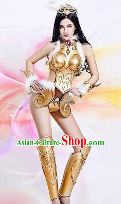 Top Grade Stage Performance Costumes Halloween Cosplay Modern Fancywork Golden Clothing and Headwear for Women