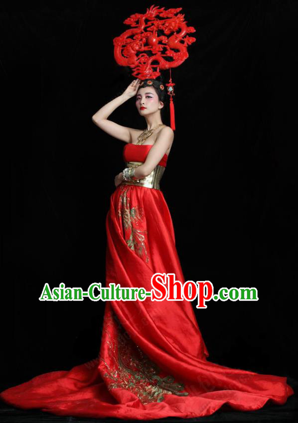 Top Grade Stage Performance Costumes China Style Modern Fancywork Full Dress and Headwear for Women