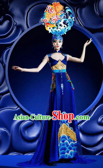 Top Grade Stage Performance Costumes China Style Modern Fancywork Blue Full Dress and Headwear for Women