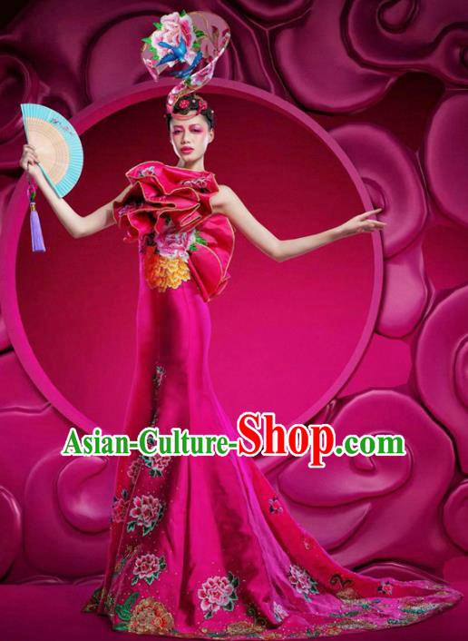 Top Grade Stage Performance Costumes China Style Modern Fancywork Rosy Full Dress and Headwear for Women