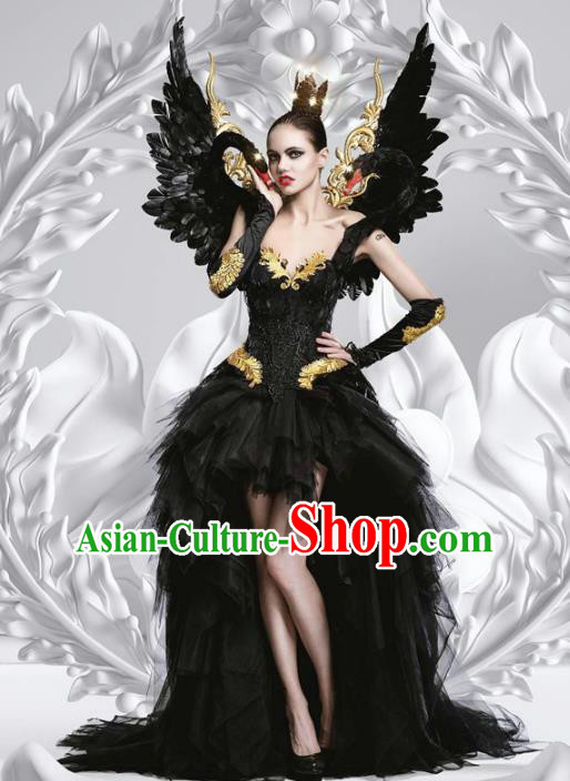 Top Grade Stage Performance Costumes Baroque Modern Fancywork Black Trailing Full Dress and Feather Wings for Women