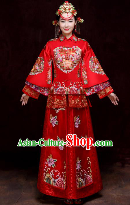 Chinese Traditional Xiuhe Suits Bride Red Full Dress Ancient Embroidered Peony Bottom Drawer Wedding Costumes for Women