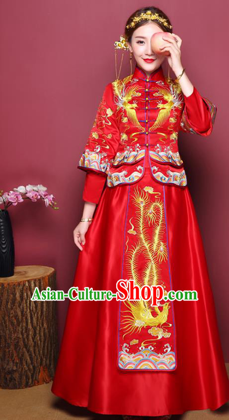 Chinese Ancient Wedding Costume Bride Red Dress, China Traditional Delicate Embroidered Toast Clothing Xiuhe Suits for Women