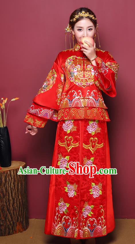Chinese Ancient Wedding Costume Bride Delicate Embroidered Peony Dress, China Traditional Toast Clothing Xiuhe Suits for Women