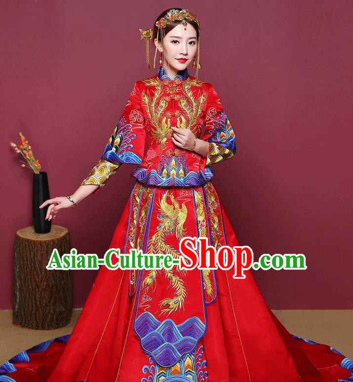 Chinese Ancient Wedding Costume Bride Finery Toast Clothing, China Traditional Delicate Embroidered Trailing Xiuhe Suits for Women