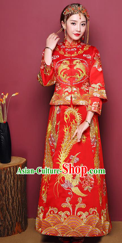 Chinese Traditional Wedding Costume, China Ancient Bride Embroidered Phoenix Peony Xiuhe Suit Clothing for Women