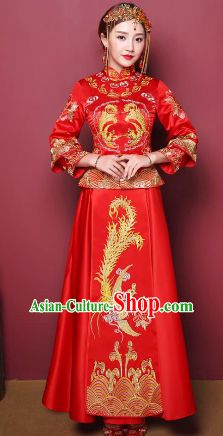 Chinese Traditional Wedding Costume, China Ancient Bride Embroidered Phoenix Xiuhe Suit Clothing for Women