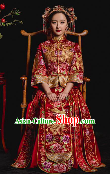 Chinese Traditional Embroidered Xiuhe Suits Ancient Bride Embroidery Phoenix Peony Wedding Costumes for Women