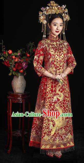 Chinese Ancient Wedding Costume Bride Embroidery Toast Clothing, Traditional Delicate Embroidered Red Xiuhe Suits for Women