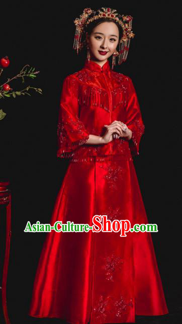 Chinese Traditional Toast Xiuhe Suits Ancient Bride Embroidered Red Tassel Bottom Drawer Wedding Costumes for Women