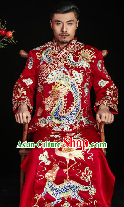 Chinese Traditional Embroidered Dragons Wedding Costume China Ancient Bridegroom Tang Suit Red Gown for Men