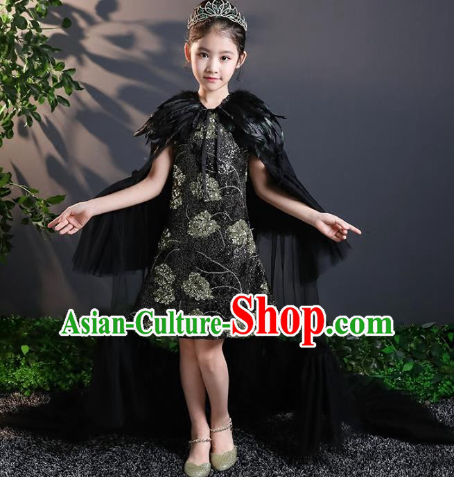 Children Stage Performance Costumes Black Evening Dresses Modern Fancywork Full Dress for Kids