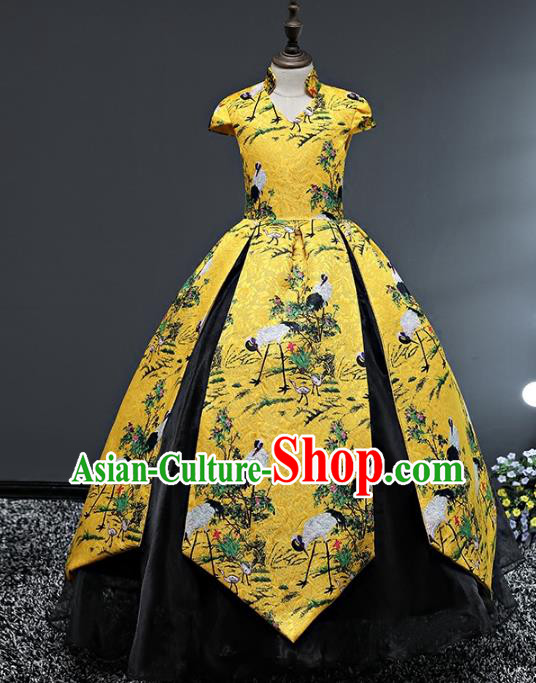 Top Grade Stage Performance Costumes Printing Cranes Bubble Dress Modern Fancywork Full Dress for Kids