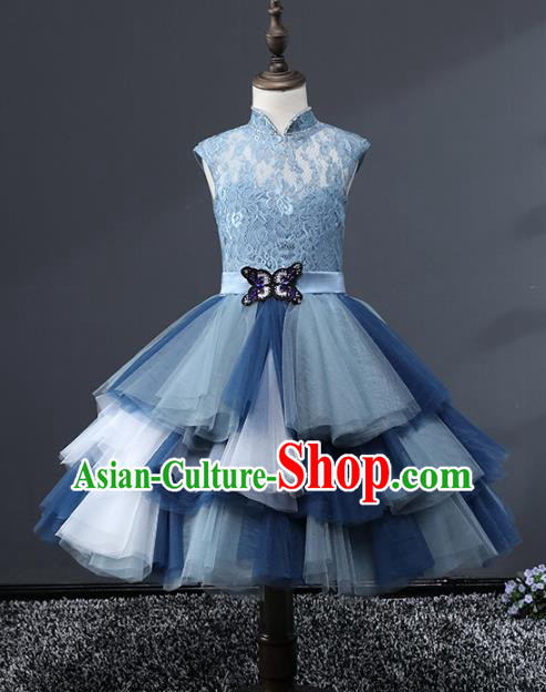 Top Grade Stage Performance Costumes Blue Veil Bubble Dress Modern Fancywork Full Dress for Kids