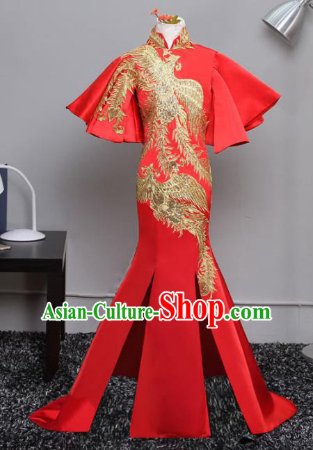 Top Grade Stage Performance Costumes Compere Red Cheongsam Modern Fancywork Full Dress for Kids