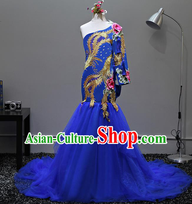 Top Grade Stage Performance Costumes Compere Embroidered Blue Mermaid Dress Modern Fancywork Full Dress for Kids