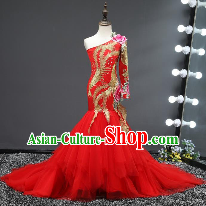 Top Grade Stage Performance Costumes Compere Embroidered Red Mermaid Dress Modern Fancywork Full Dress for Kids