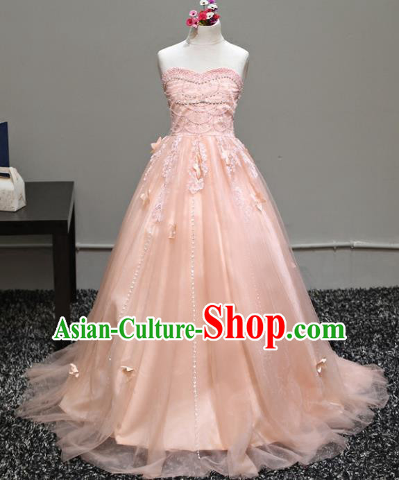 Top Grade Stage Performance Costumes Compere Pink Veil Dress Modern Fancywork Full Dress for Kids