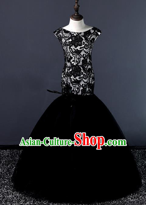 Top Grade Stage Performance Costumes Compere Black Lace Mermaid Dress Modern Fancywork Full Dress for Kids