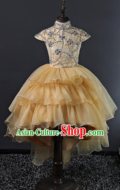 Top Grade Stage Performance Costumes Compere Yellow Bubble Dress Modern Fancywork Full Dress for Kids