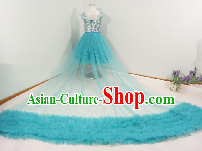 Top Grade Stage Performance Costumes Compere Blue Bubble Dress Modern Fancywork Full Dress for Kids