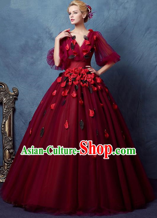Top Grade Advanced Customization Wedding Dress Princess Dress Wine Red Bridal Veil Full Dress Costume for Women