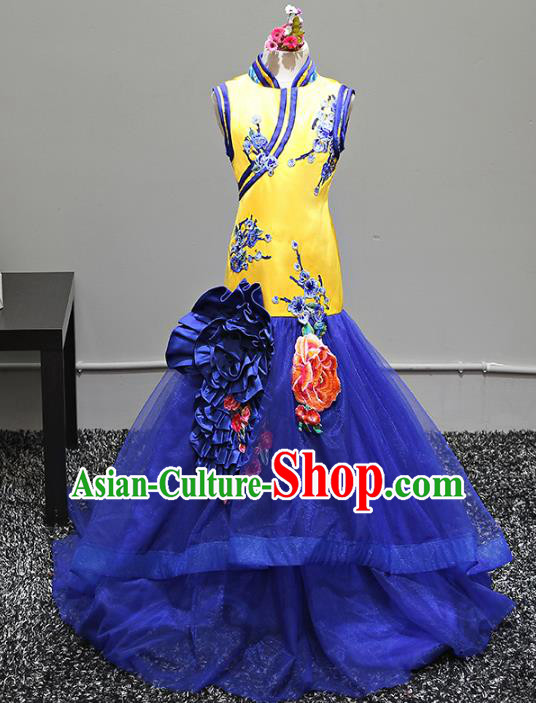 Top Grade Stage Performance Costumes Catwalks Cheongsam Blue Veil Dress Modern Fancywork Full Dress for Kids