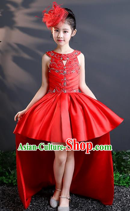 Top Grade Stage Performance Costumes Catwalks Red Trailing Dress Modern Fancywork Full Dress for Kids