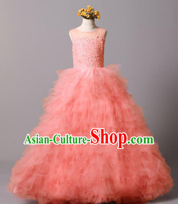 Top Grade Stage Performance Costumes Catwalks Pink Bubble Dress Modern Fancywork Full Dress for Kids