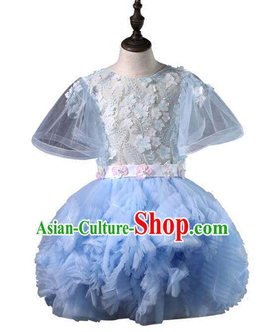 Top Grade Compere Costumes Children Blue Bubble Dress Modern Fancywork Full Dress for Kids