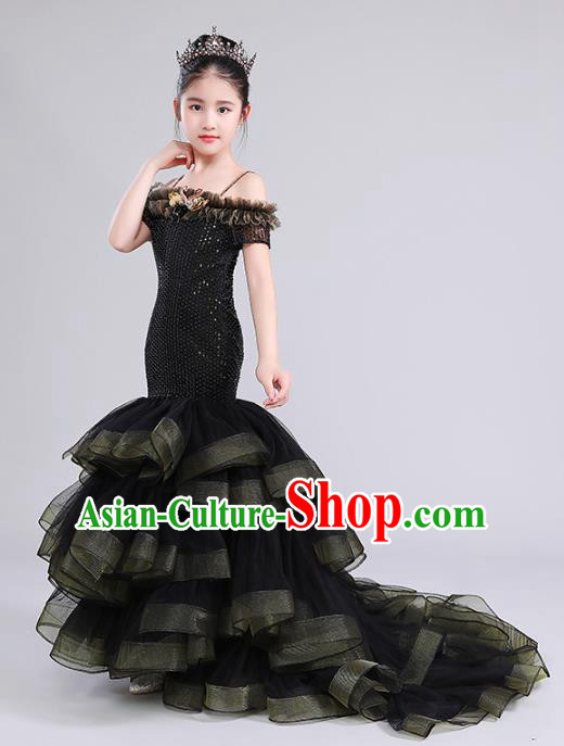 Top Grade Compere Costumes Children Black Veil Mermaid Dress Modern Fancywork Full Dress for Kids