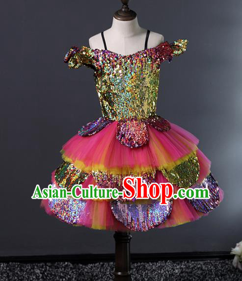 Top Grade Compere Costumes Children Rosy Veil Bubble Dress Modern Fancywork Full Dress for Kids