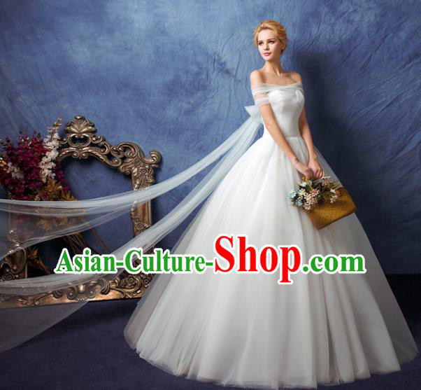 Top Grade Advanced Customization White Veil Dress Off Shoulder Wedding Dress Compere Bridal Full Dress for Women
