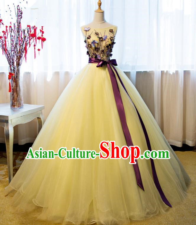 Top Grade Advanced Customization Yellow Veil Dress Wedding Dress Compere Bridal Full Dress for Women