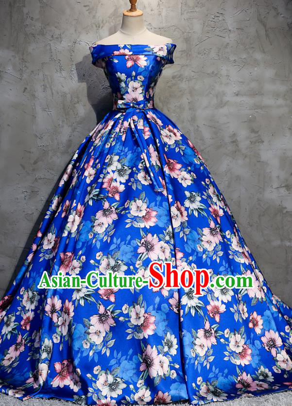 Top Grade Advanced Customization Evening Dress Printing Flowers Blue Trailing Wedding Dress Compere Bridal Full Dress for Women