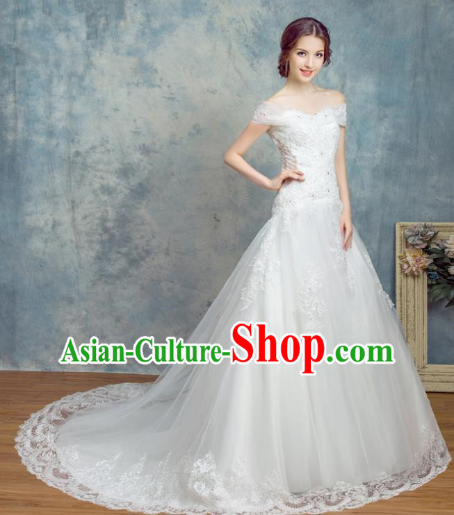 Top Grade Advanced Customization Trailing Evening Dress White Veil Wedding Dress Compere Bridal Full Dress for Women