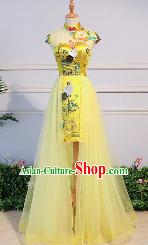 Top Grade Advanced Customization Printing Cranes Evening Dress Yellow Veil Wedding Dress Compere Bridal Full Dress for Women
