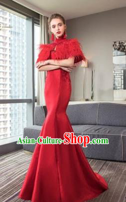 Top Grade Advanced Customization Mermaid Evening Dress Red Satin Wedding Dress Compere Bridal Full Dress for Women