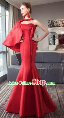 Top Grade Advanced Customization Single Shoulder Mermaid Evening Dress Red Satin Wedding Dress Compere Bridal Full Dress for Women