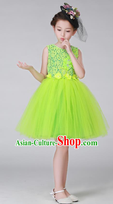 Top Grade Stage Performance Costumes Children Modern Dance Green Bubble Dress Modern Fancywork Clothing for Kids