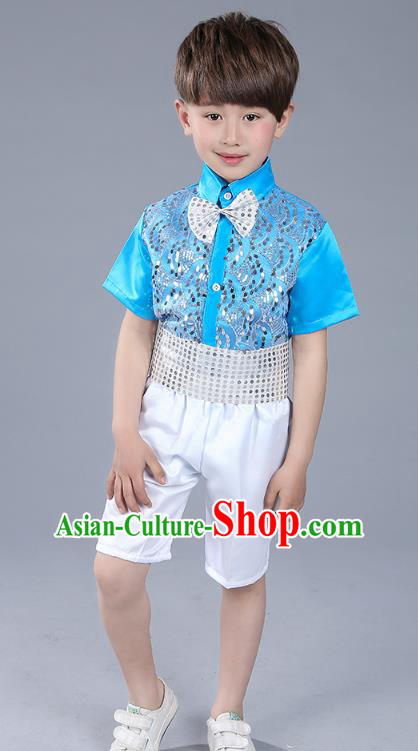 Top Grade Boys Chorus Sequins Costumes Children Compere Modern Dance Blue Clothing for Kids