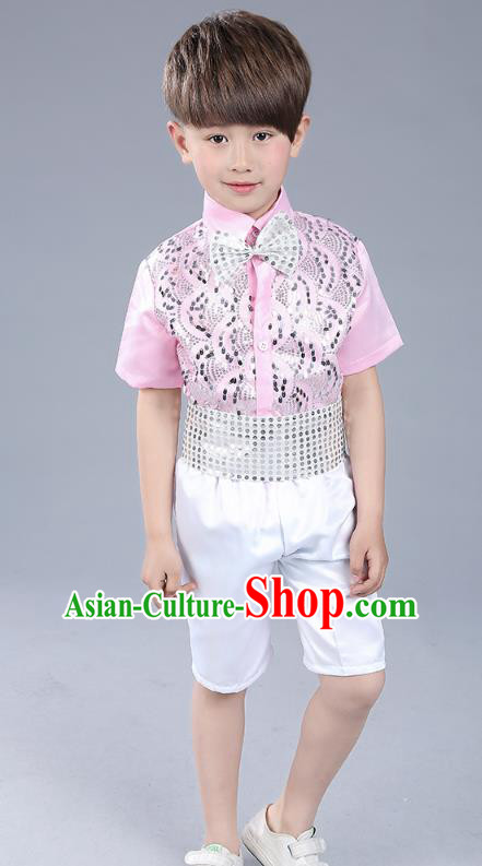 Top Grade Boys Chorus Sequins Costumes Children Compere Modern Dance Pink Clothing for Kids