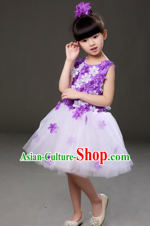 Top Grade Chorus Costumes Children Modern Dance Purple Flowers Bubble Dress for Kids