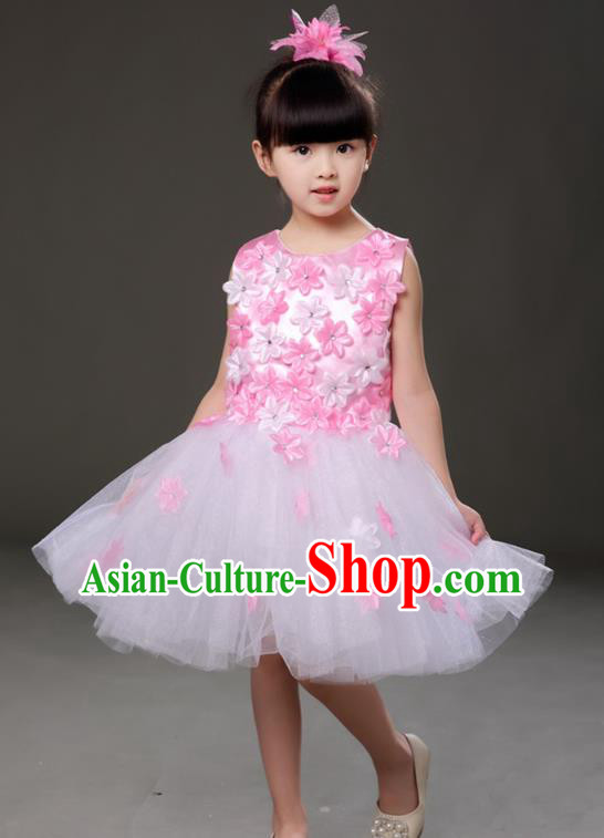 Top Grade Chorus Costumes Children Modern Dance Pink Flowers Bubble Dress for Kids