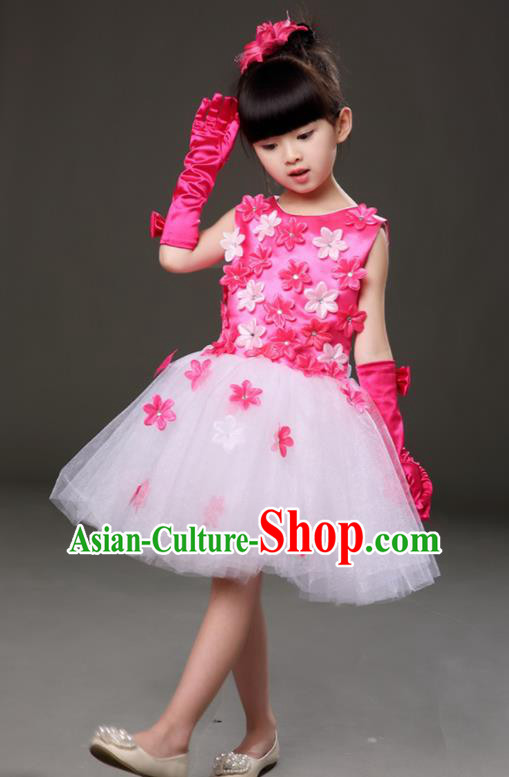Top Grade Chorus Costumes Children Modern Dance Rosy Flowers Bubble Dress for Kids