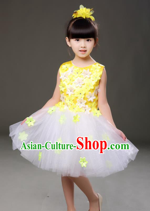 Top Grade Chorus Costumes Children Modern Dance Yellow Flowers Bubble Dress for Kids