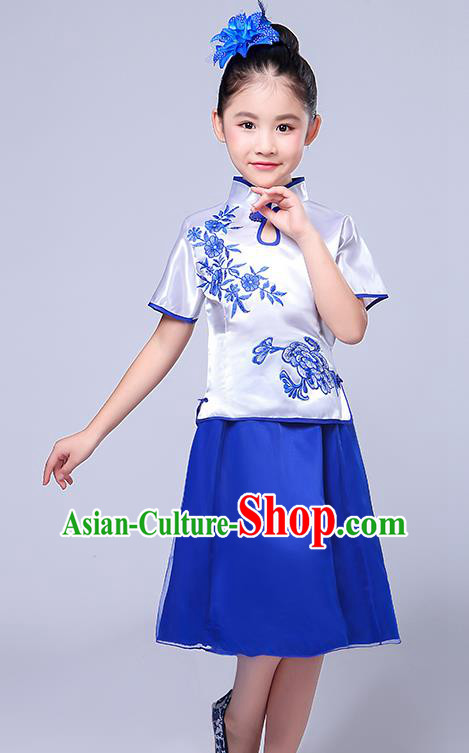Chinese Ancient Chorus Costume Children Classical Dance Printing Flowers Blue Dress Stage Performance Clothing for Kids