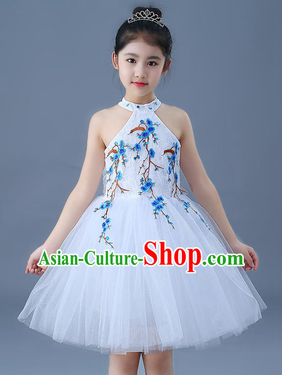 Top Grade Chorus Costumes Children Modern Dance Embroidered Blue Plum Blossom Bubble Dress for Kids